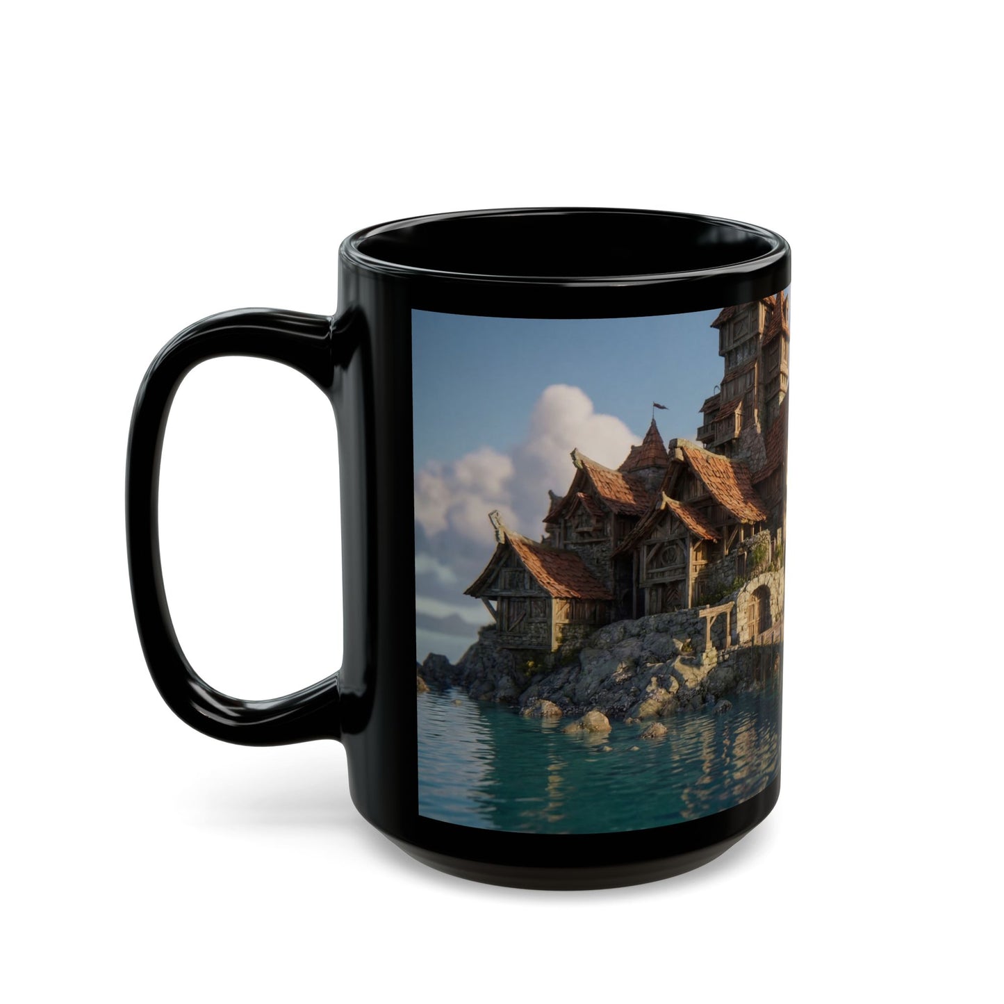 Harbor’s Whisper Black Mug – Sunset Coastline Village Dreamscape