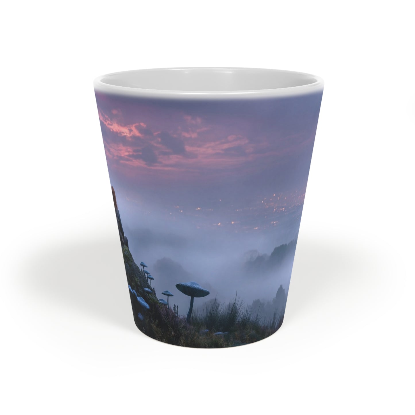 Moonlit Wanderer Latte Mug, 12oz – Twilight Over the Misty Vale