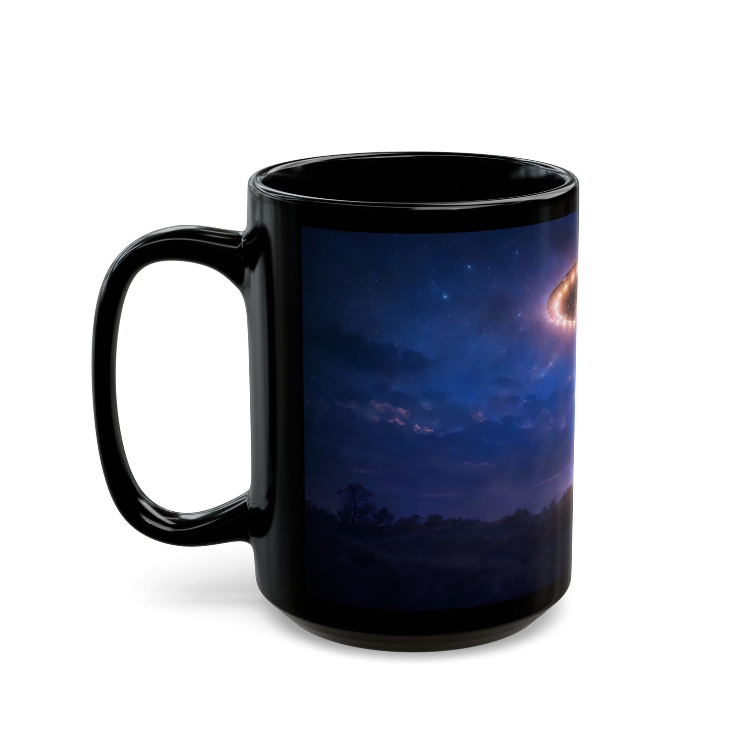 UFO Encounter Black Mug – Celestial Beam & Silhouette Nightscape