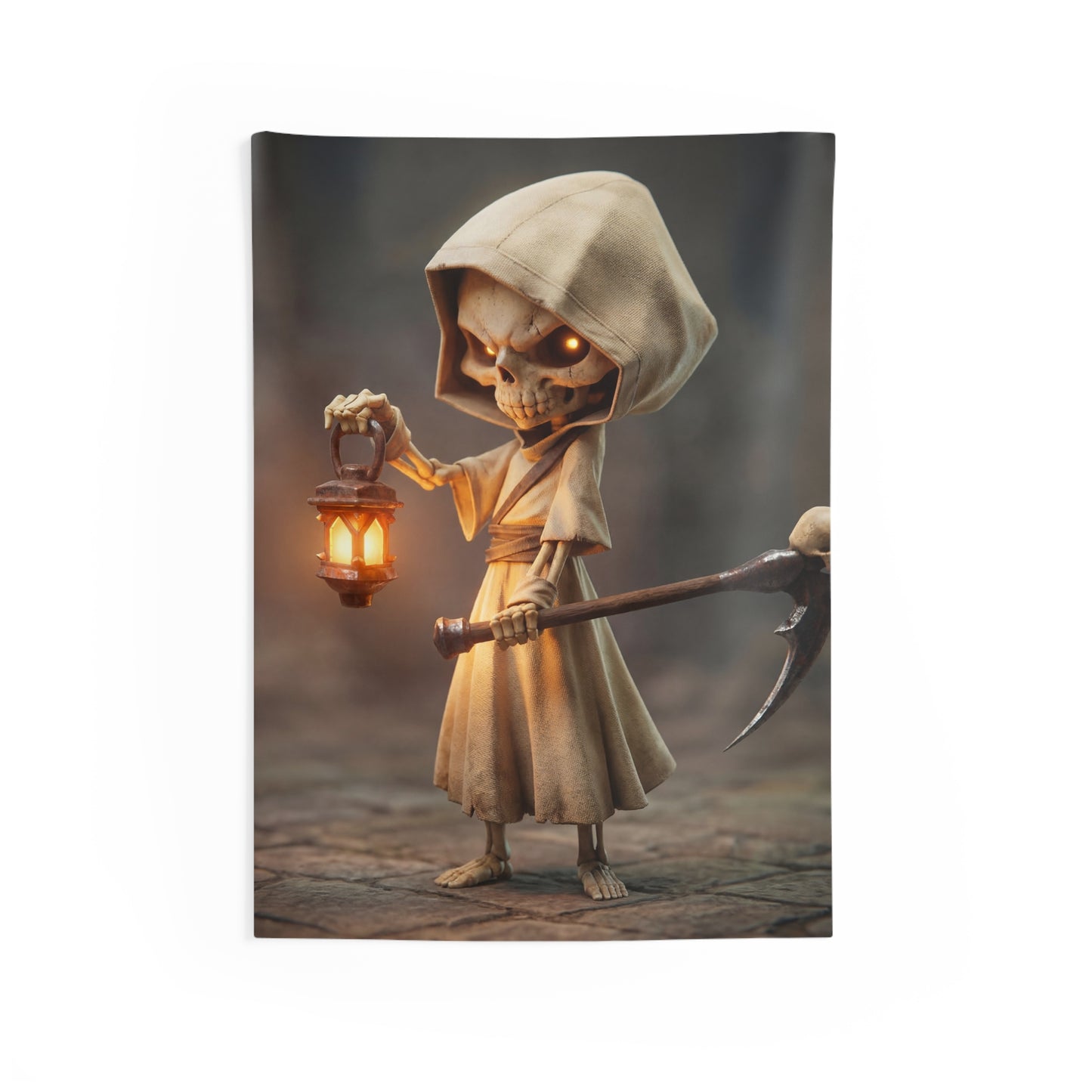 Lantern-Bearing Reaper Indoor Wall Tapestries – Warm Glow Through Twilight Shadows