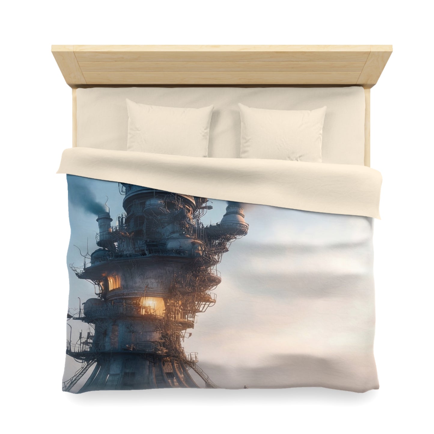 Skyward Steam Tower Microfiber Duvet Cover – A孤独 Sentinel in Dawn’s Hush