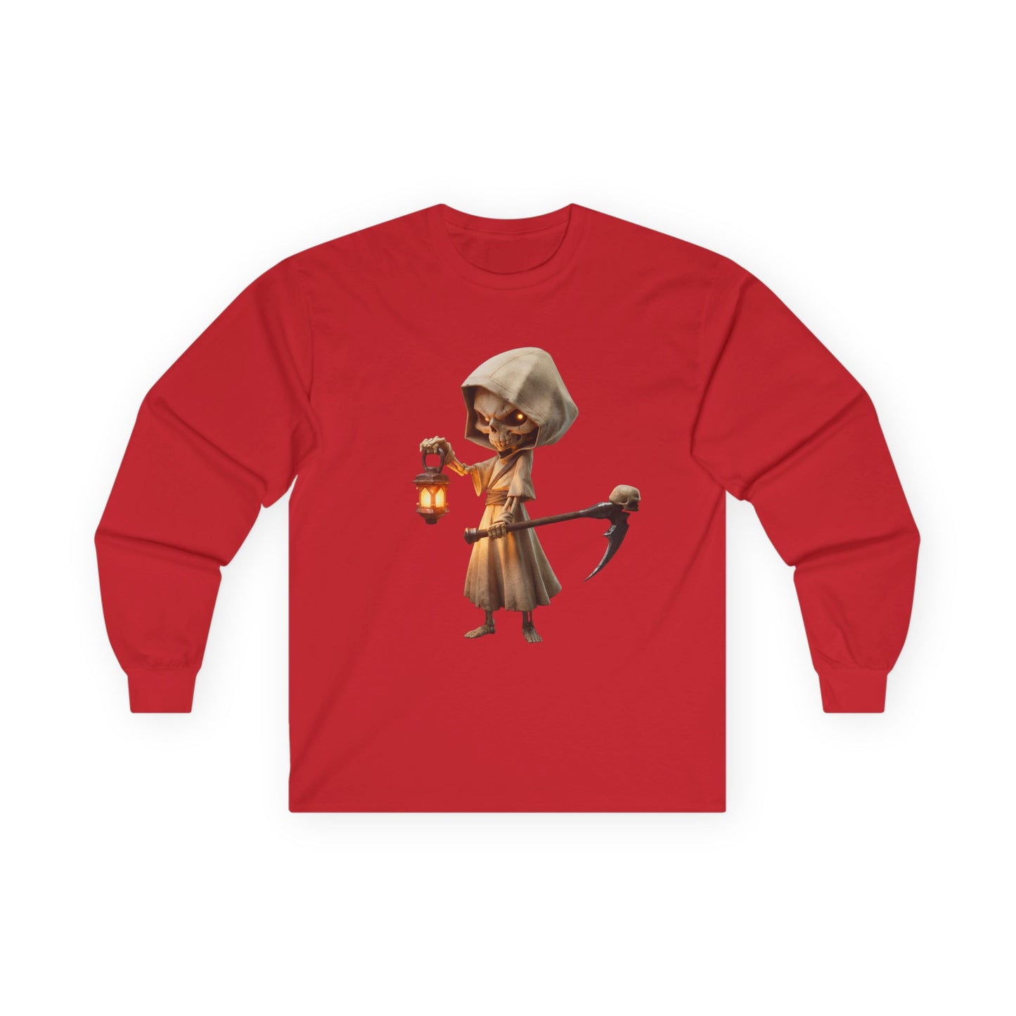 Lantern-Bearing Grim Reaper Tee – Hooded Skeleton Guardian Print