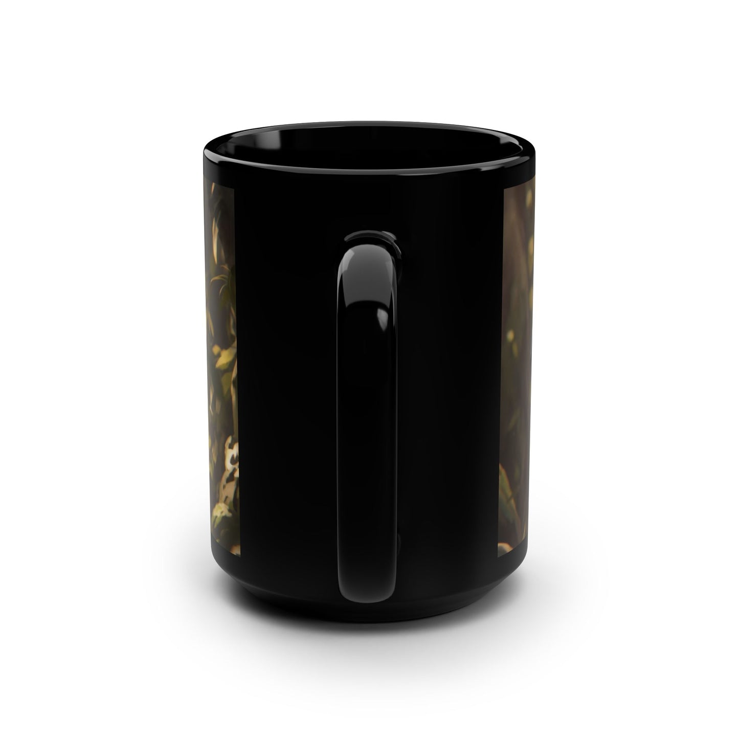Elven Paladin with Mini Dragon Black Mug, 15oz – Iridescent Armor & Tiny Guardian