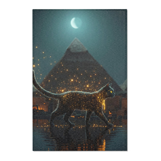 Starlit Cat in Pyramids Area Rug – Midnight Nile Guardian