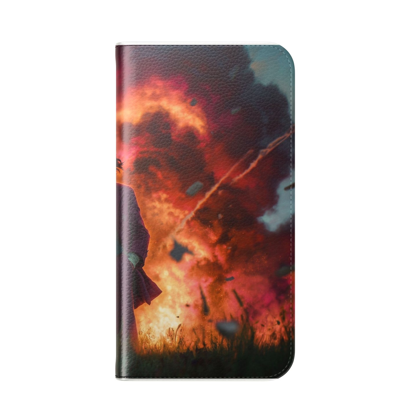 Goggles & Chaos Flip Cases – Purple Suit Amidst Fiery Explosion