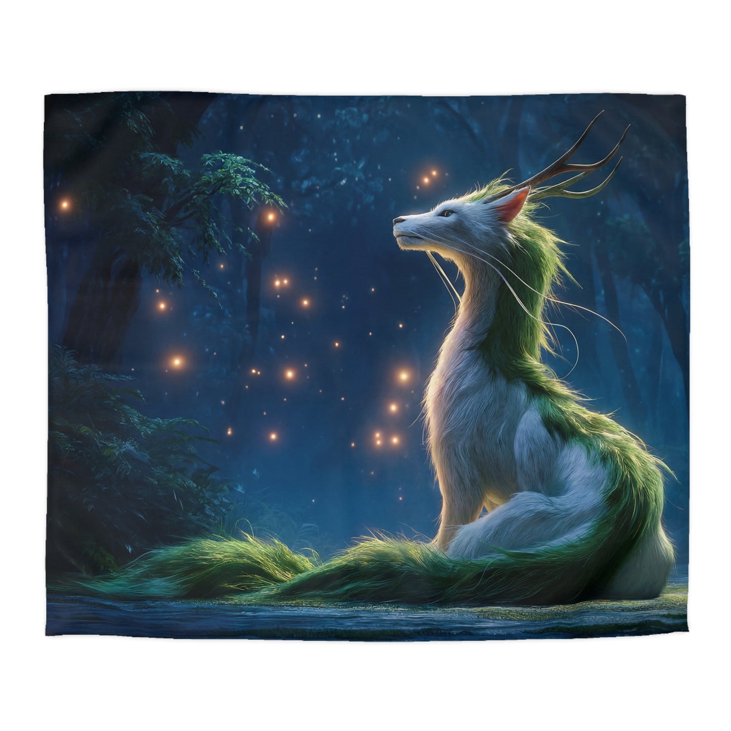 Moonlit Forest Fox Duvet Cover – Verdant Antlered Sentinel Dreamscape