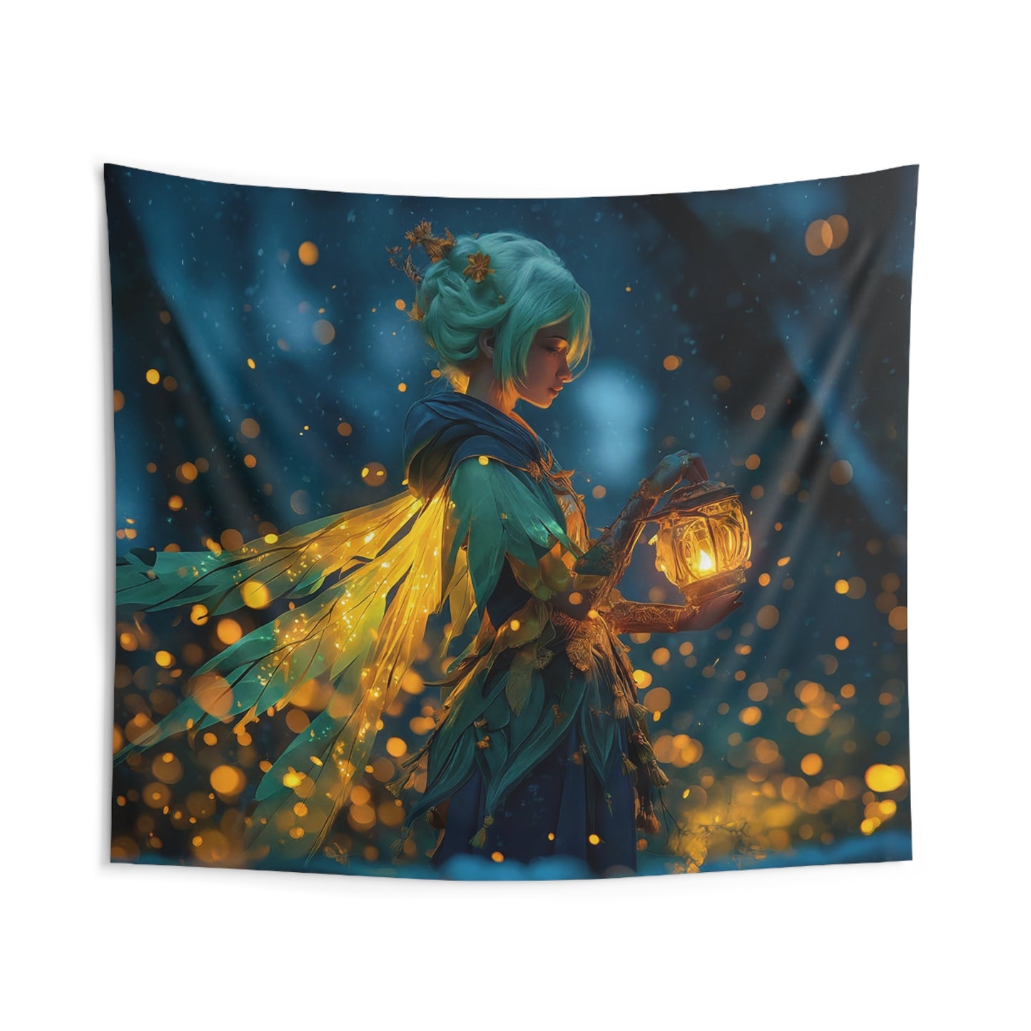 Forest Guardian with Lantern Indoor Wall Tapestries – Whispering Glow in Twilight Woods