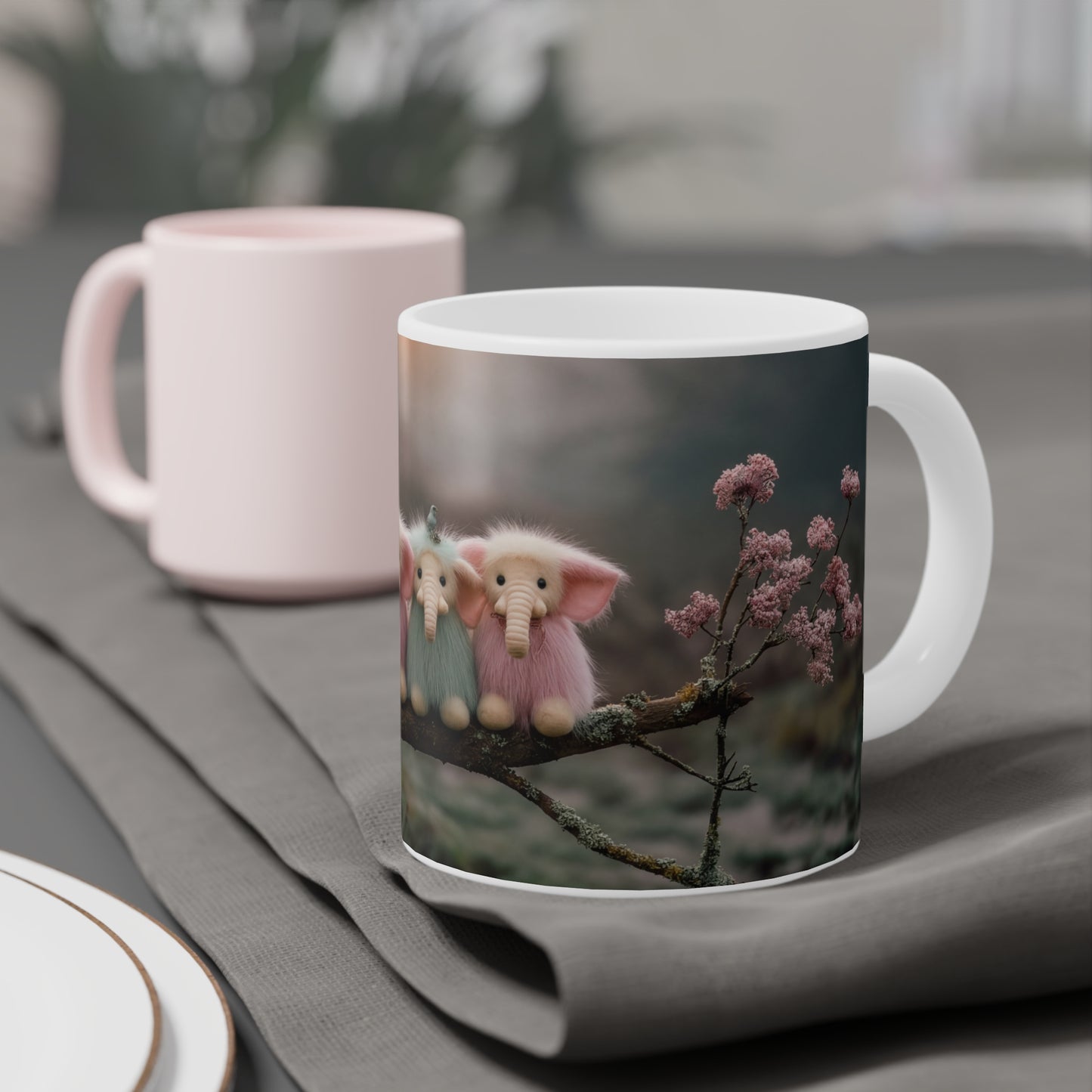 Three Furred Elephants Ceramic Mugs (11oz\15oz\20oz) – Dawn’s Whisper on Mossy Branch