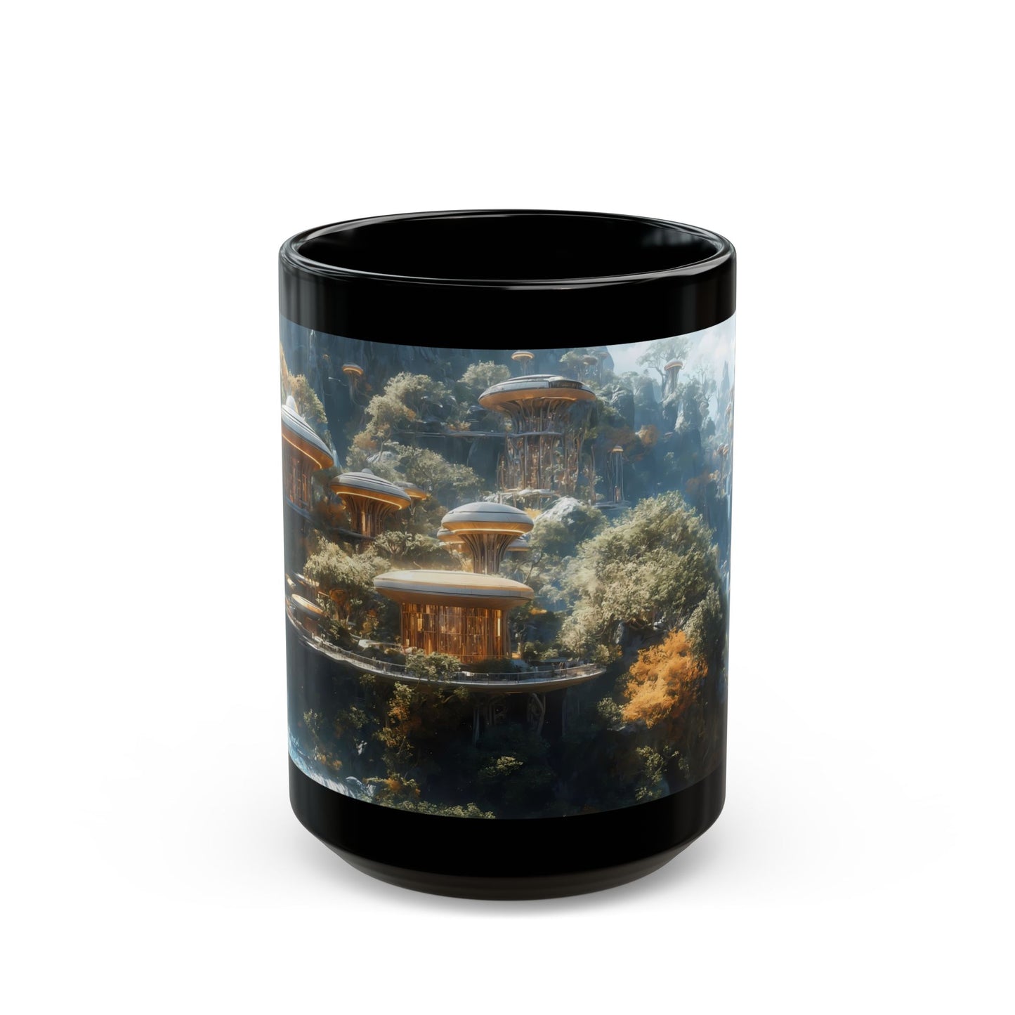 Floating Dome Village Black Mug – Sunlit Sky-Cliff Haven
