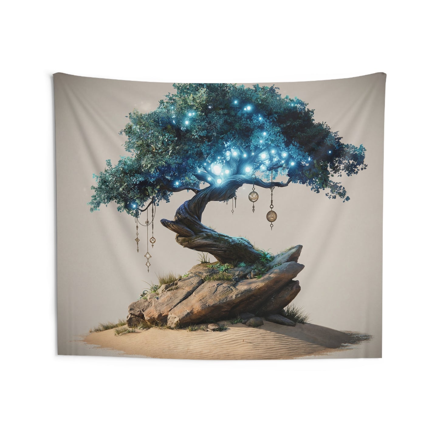 Luminous Wisdom Tree Indoor Wall Tapestries – Azure Glow Amidst Desert Sands