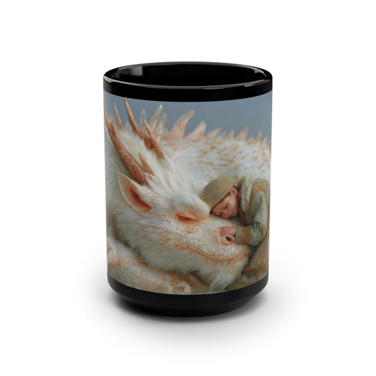 Snow Dragon and Child Black Mug, 15oz – Tender Winter Embrace