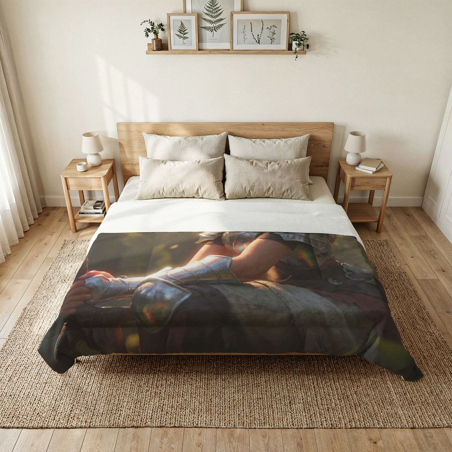 Elven Guardian with Mini Dragon Comforter – Holographic Armor & Sunlit Forest Scene