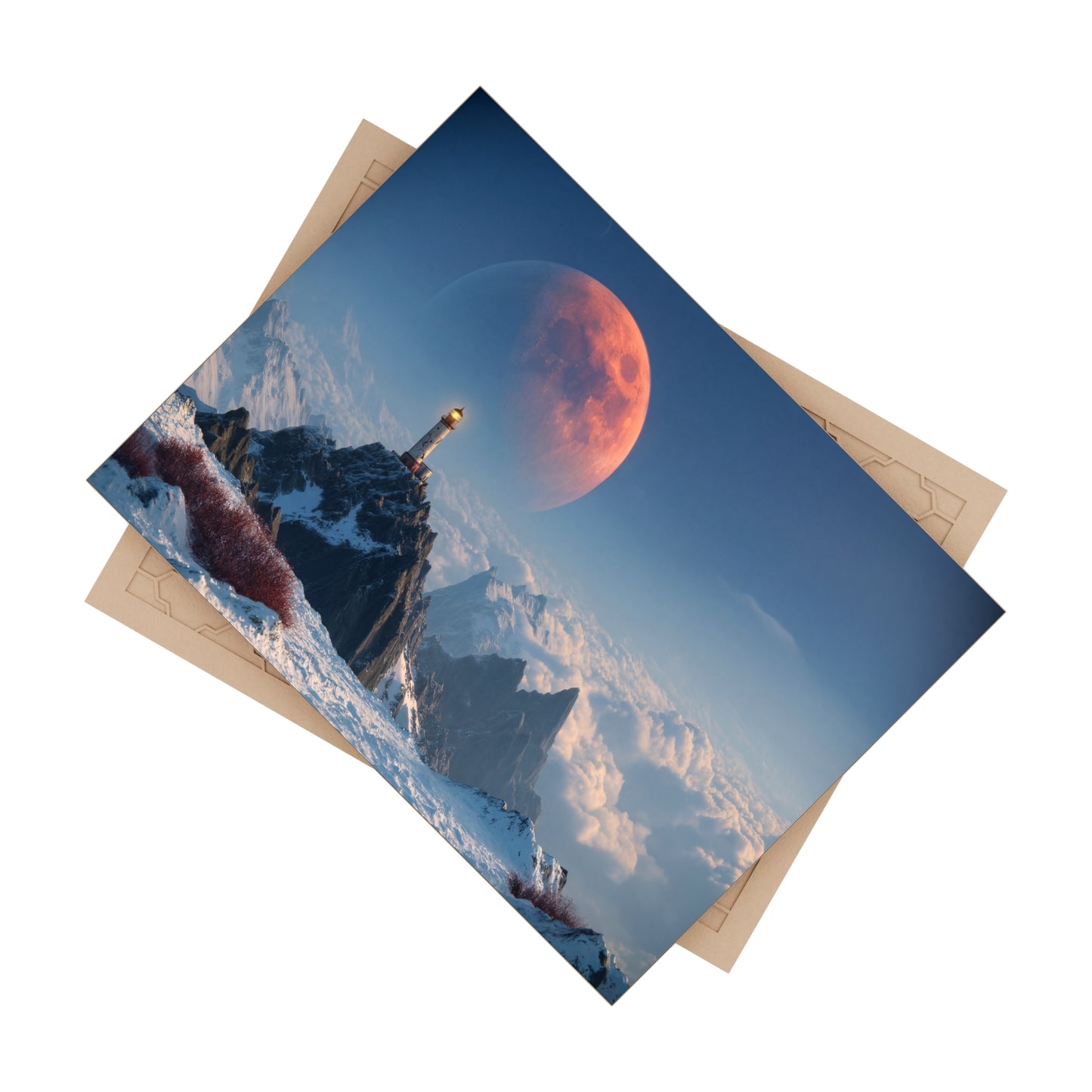 Lighthouse on Snowy Peak Ceramic Photo Tile – Crimson Moon Over Cloud Sea