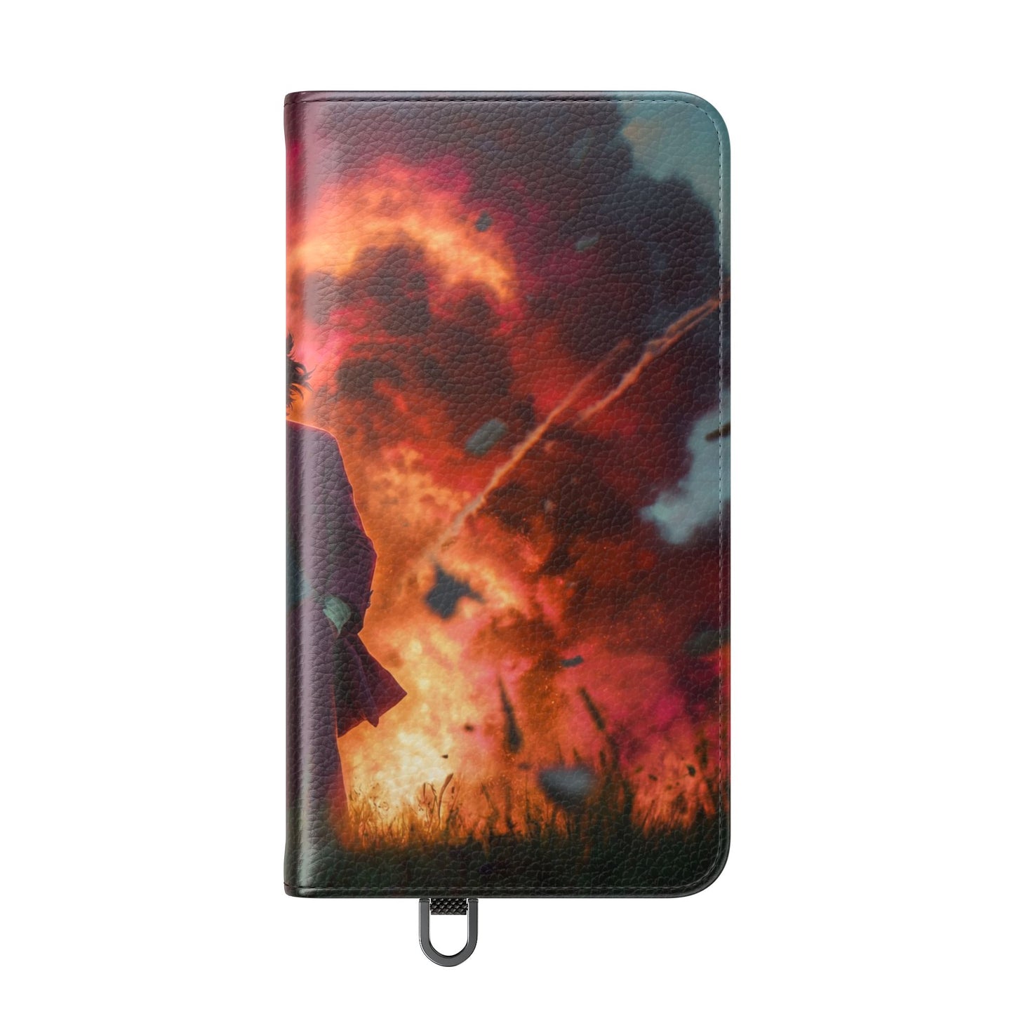 Goggles & Chaos Flip Cases – Purple Suit Amidst Fiery Explosion