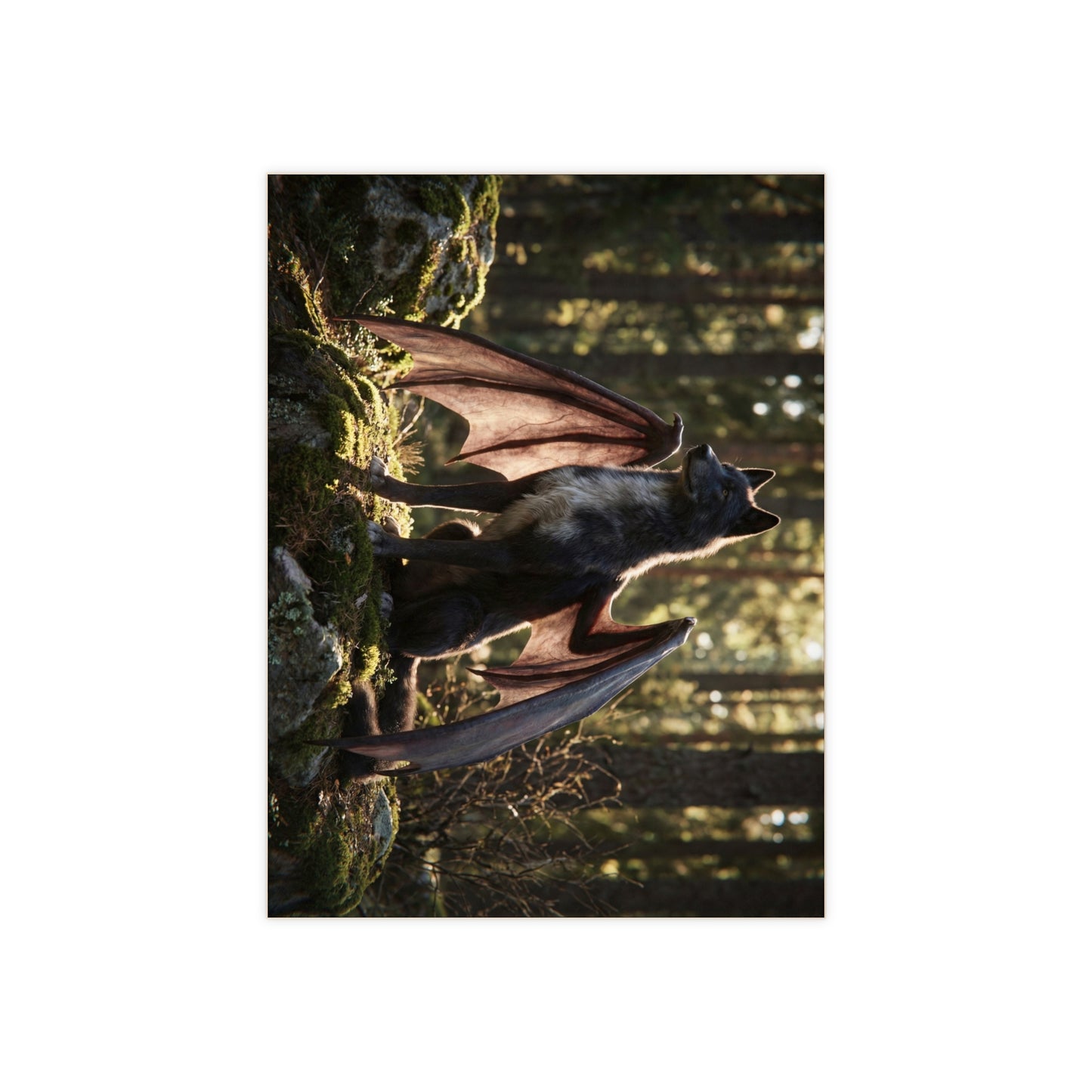 Winged Wolf in Sunlit Forest Ceramic Photo Tile – Guardian of the Mossy Glade