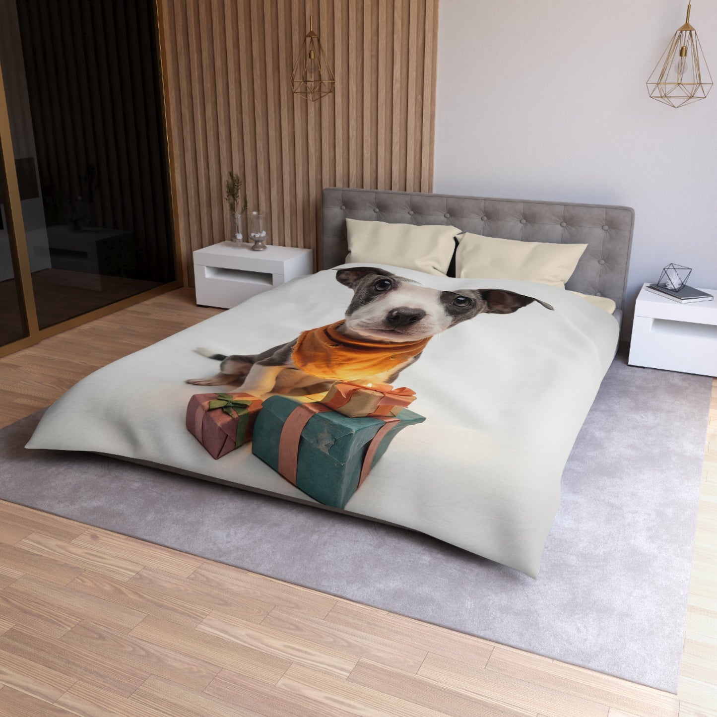 Gift-Wrapped Puppy Microfiber Duvet Cover – Warm Orange Accents on Soft White