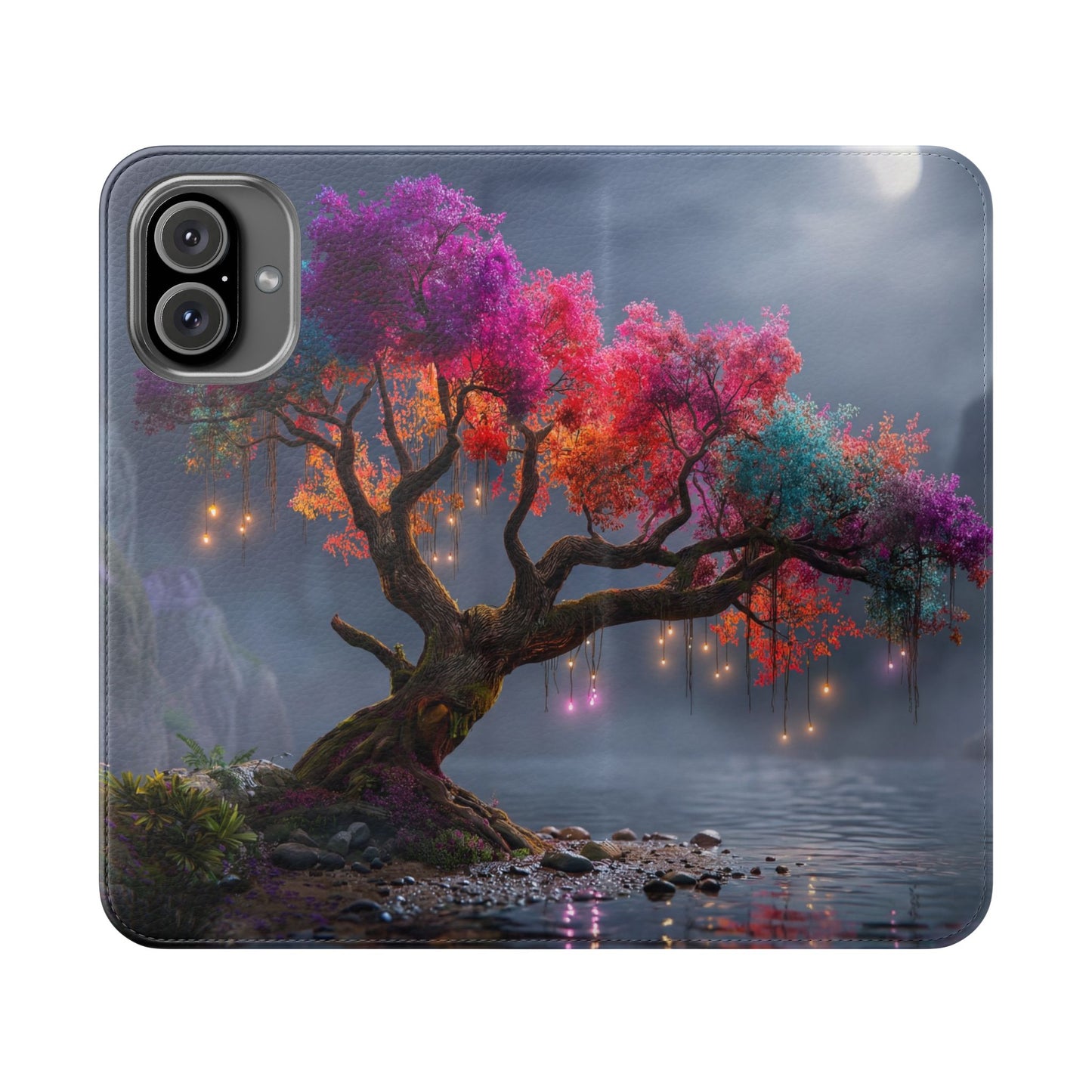 Chromatic Canopy Flip Cases – Rainbow Tree Moonlit Waterfall Scene
