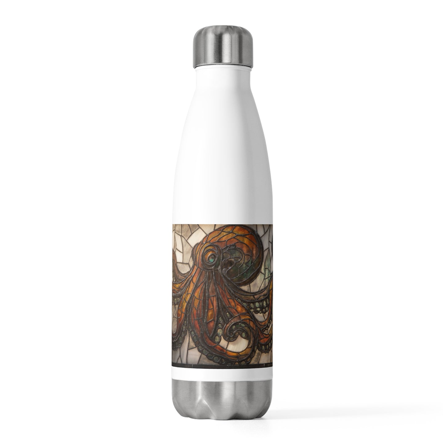 Art Nouveau Octopus Stained Glass Bottle – Amber Whispers Through Copper Latticework