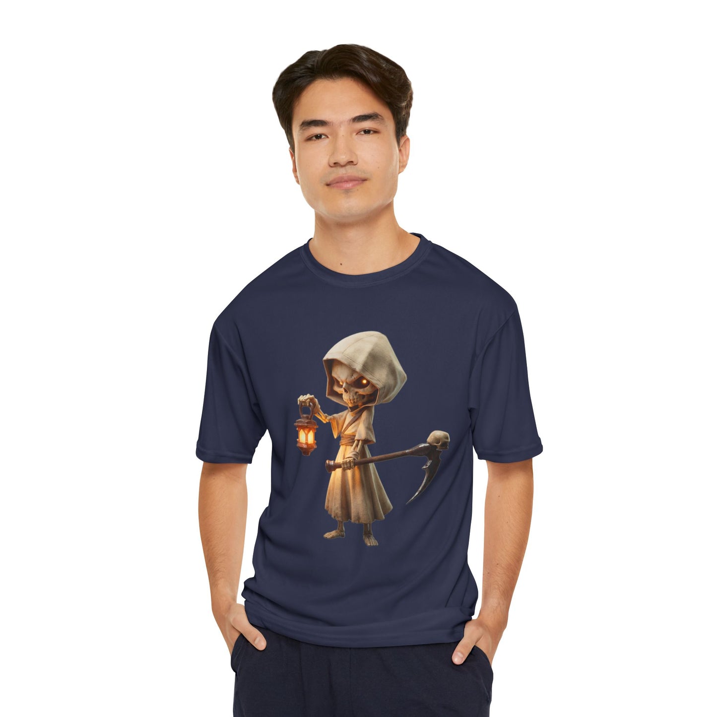 Lantern-Bearing Sentinel Men's Performance T-Shirt – Hooded Grim Reap Guardian