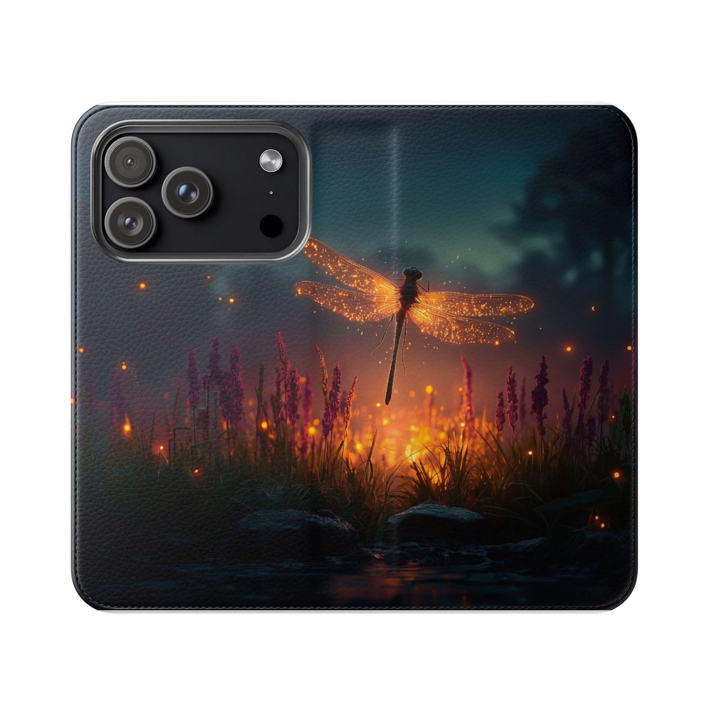 Bioluminescent Dragonfly Flip Cases – Glowing Amber Wings Over Twilight Marsh