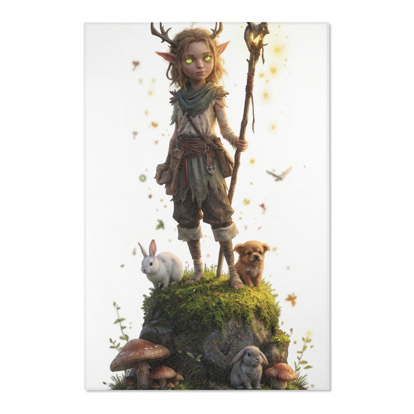 Forest Sentinel Area Rug – Glowing Antlered Child Amid Mushrooms and Rabbits