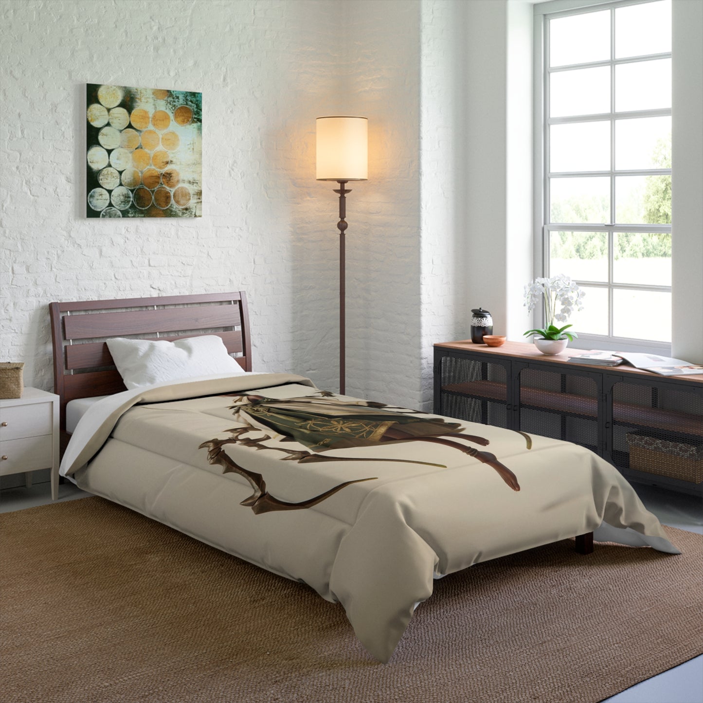 Spider Sentinel Comforter – Moonlit Weave and Gilded Threads