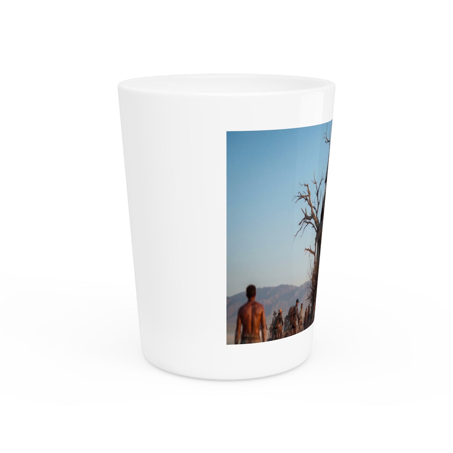 Clock Tower Wanderers Shot Glass – Desert Pilgrims and Rustic Timepiece