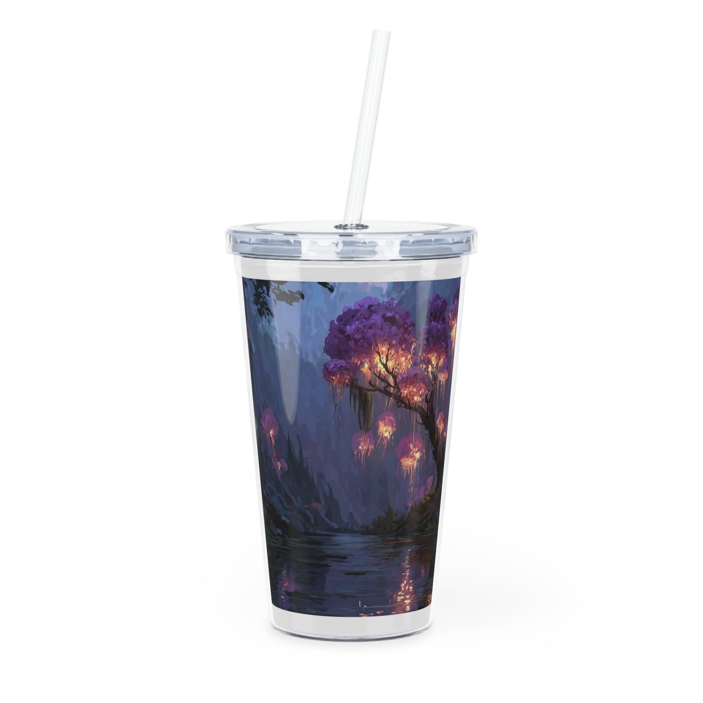 Bioluminescent Grove Plastic Tumbler with Straw – Twilight River of Living Light