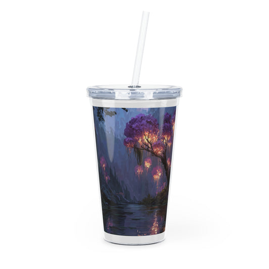 Bioluminescent Grove Plastic Tumbler with Straw – Twilight River of Living Light