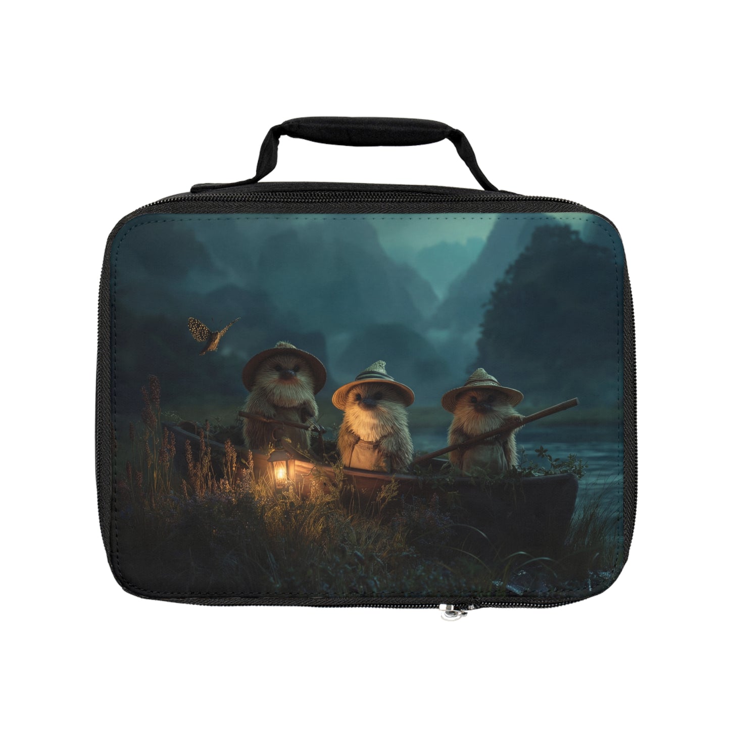 Three Hedgehog Ferrymen Lunch Bag – Twilight River Voyage with Lantern Glow