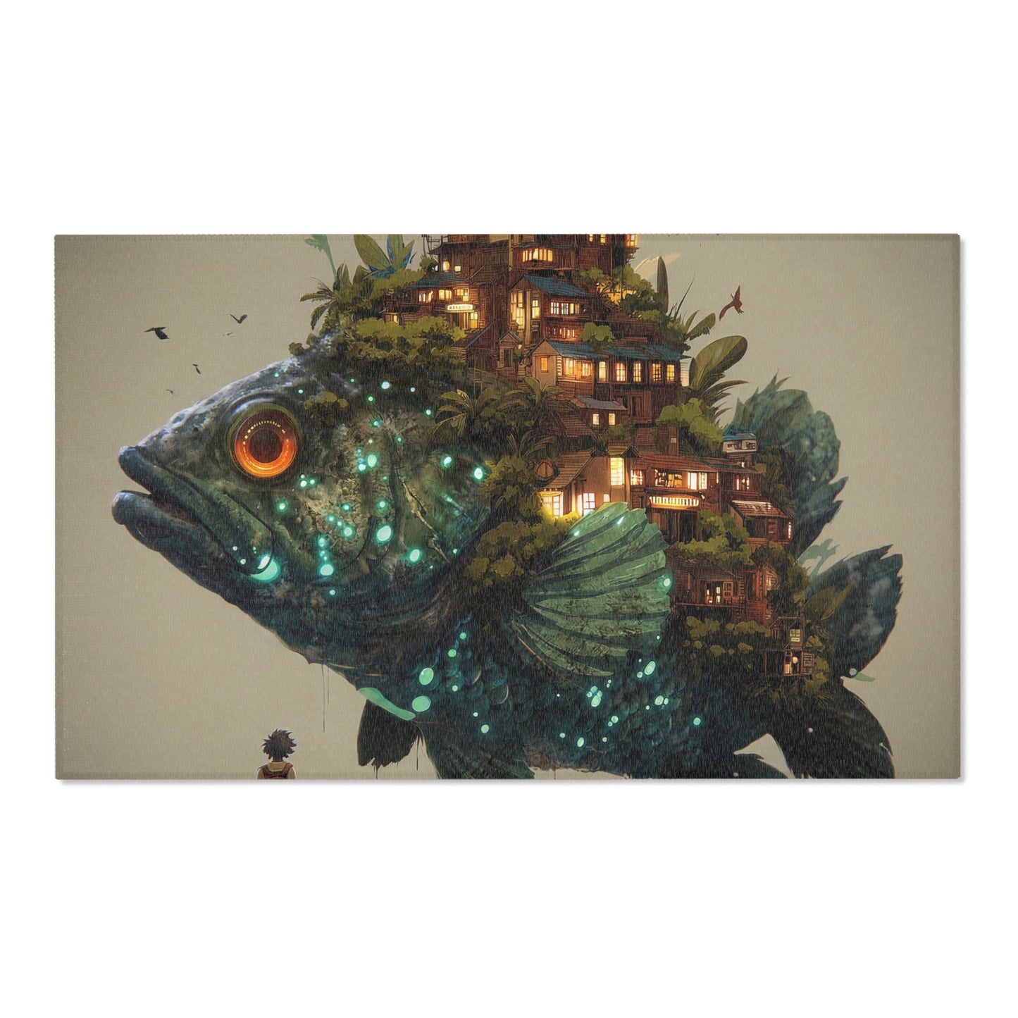 Giant Bioluminescent Fish Home Rug – Whimsical Underwater Village Dreamscape