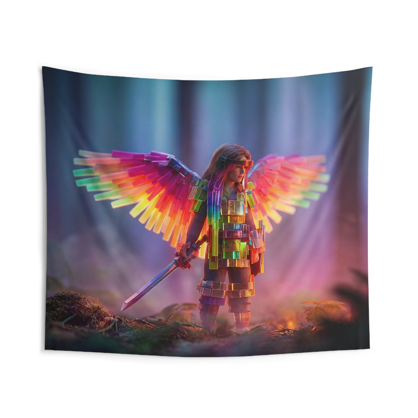 Chromatic Winged Sentinel Indoor Wall Tapestries – Prism Warrior in Twilight Grove