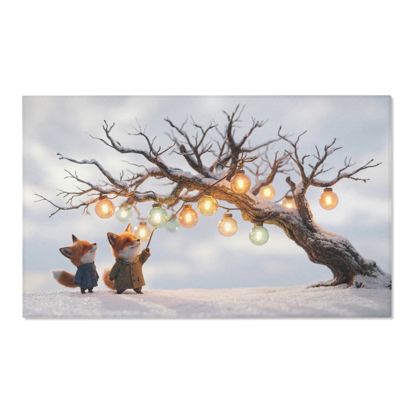 Winter Fox Lanterns Area Rug – Snow-Dusted Branches with Warm Glow
