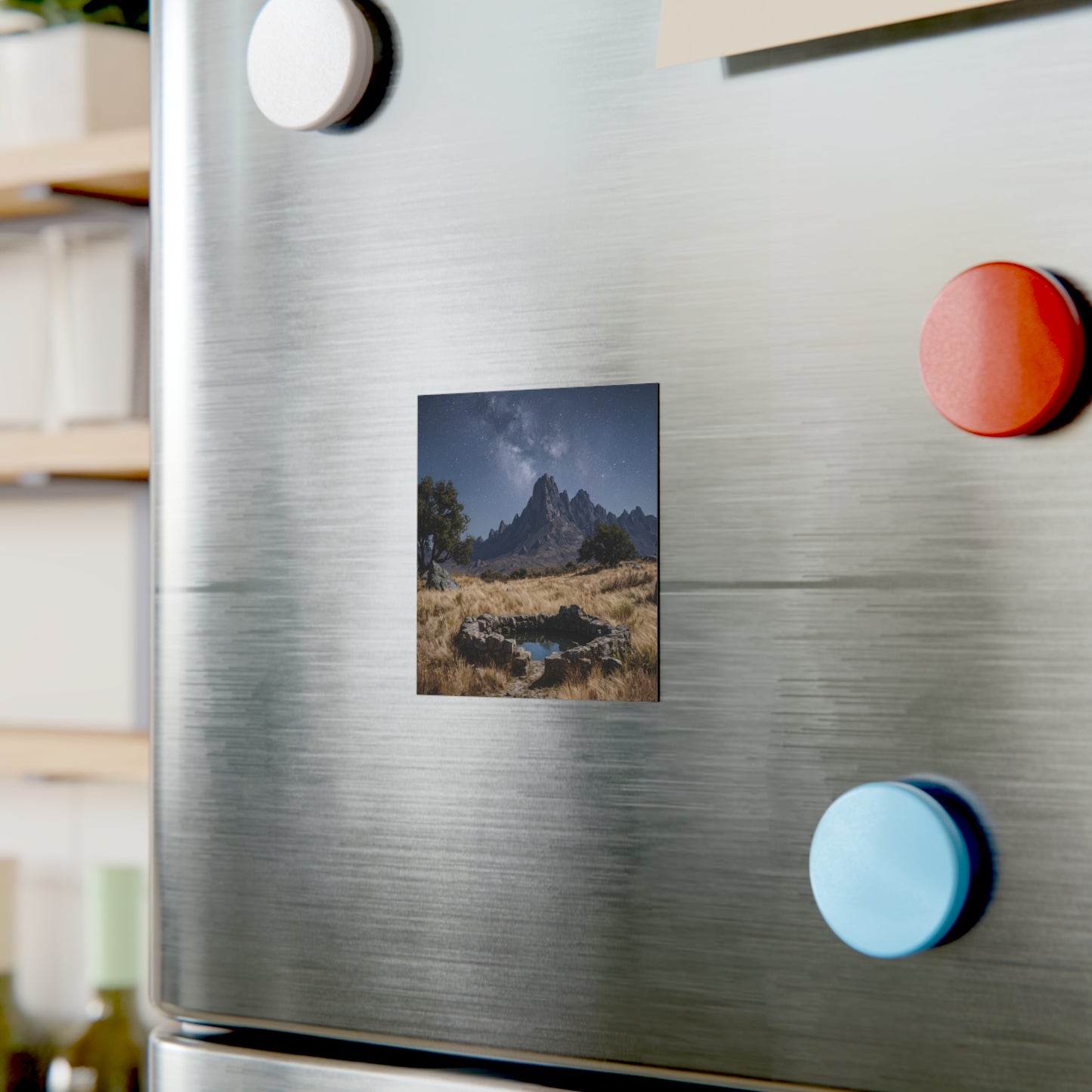 Starlit Mountain Well Square Magnet – Whispering Peaks Under Milky Way