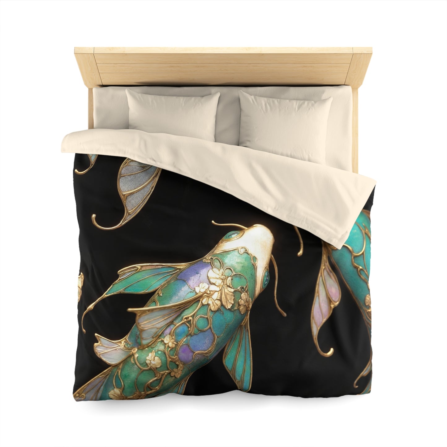 Art Nouveau Koi Microfiber Duvet Cover – Liquid Light in Midnight Depths