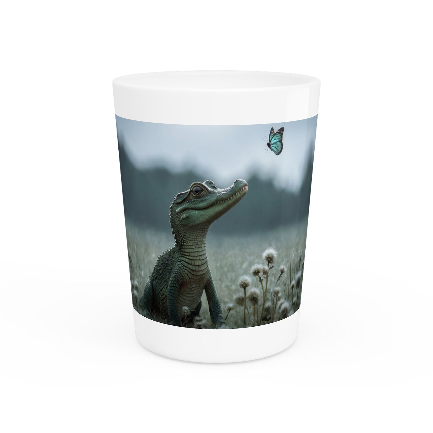 Tender Croc Meets Blue Butterfly Shot Glass – Gentle Wildlife Encounter