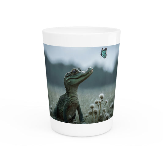 Tender Croc Meets Blue Butterfly Shot Glass – Gentle Wildlife Encounter