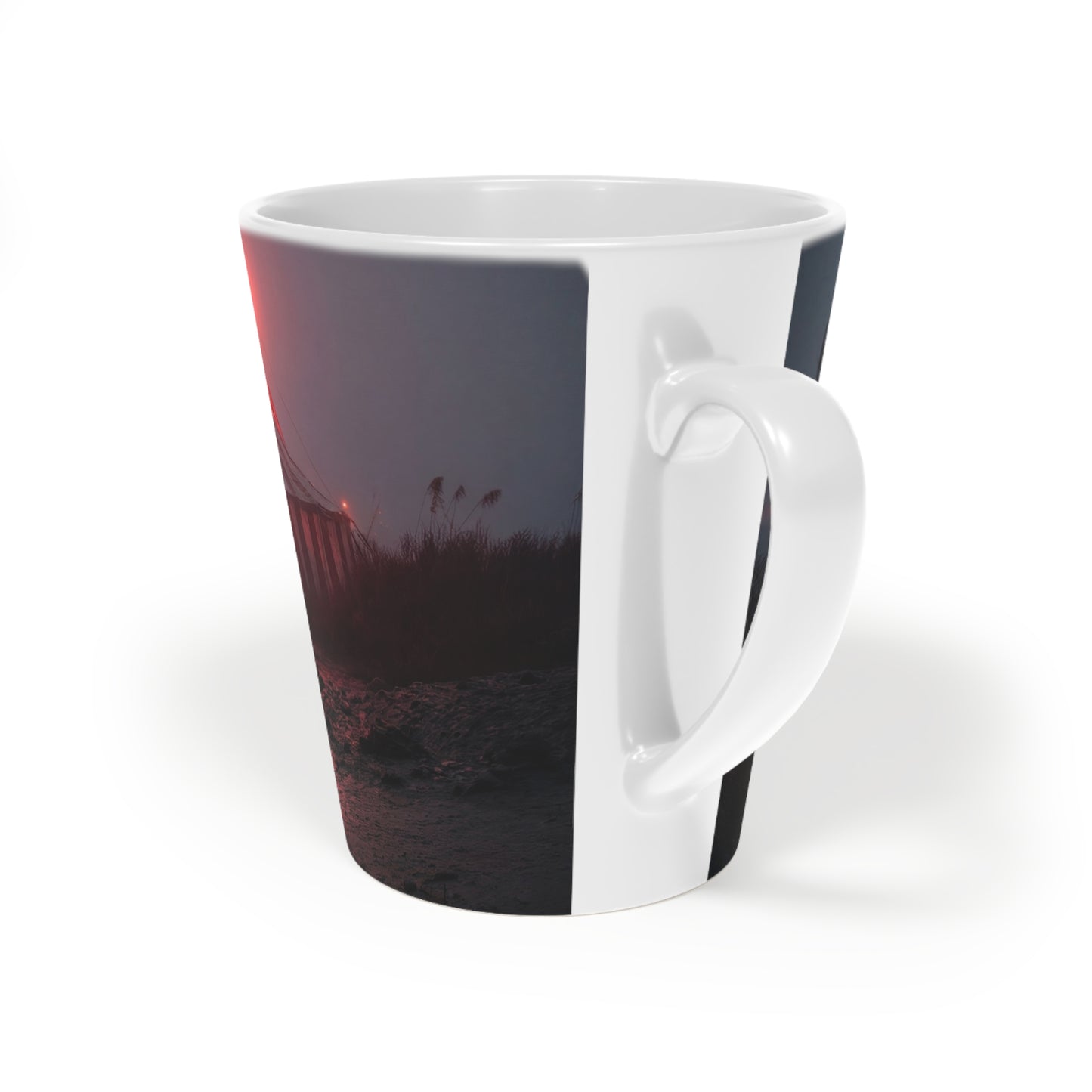 Crimson Circus Tent Latte Mug, 12oz – Midnight Revelry on the Shore