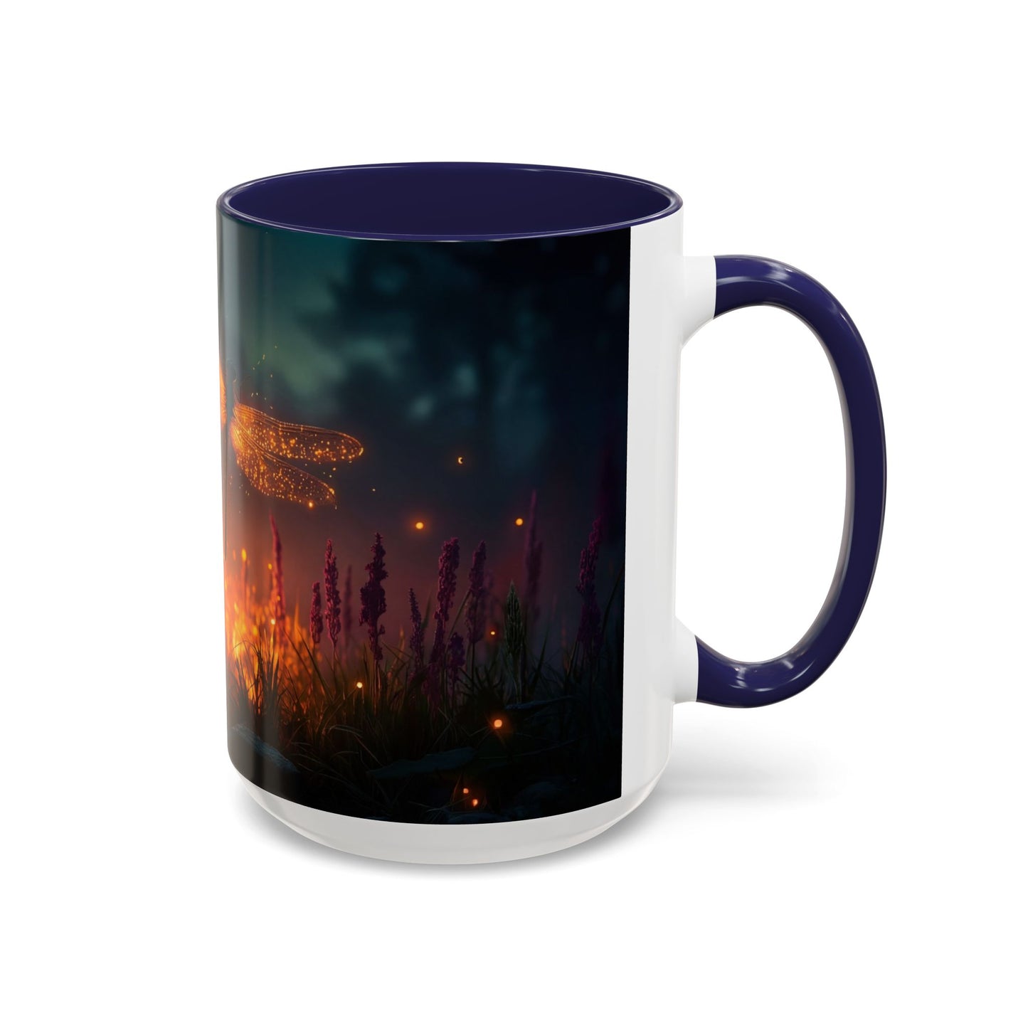 Firefly Dragonfly Accent Coffee Mug (11, 15oz) – Twilight Luminescence Over Meadow