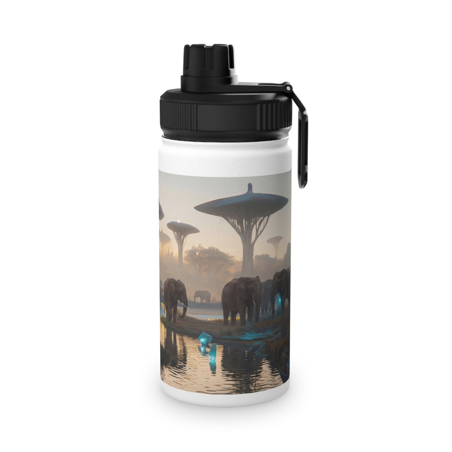 Elephants of the Bio-Luminescent Savanna Stainless Steel Water Bottle, Sports Lid – Twilight Oasis