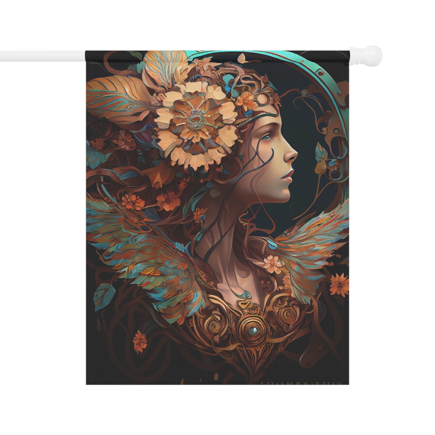 product design, psychedelic, dmt, self-transforming steampunk machine oracle elves, chrysanthemum, art nouveau, alphonse mucha - Garden & House Banner