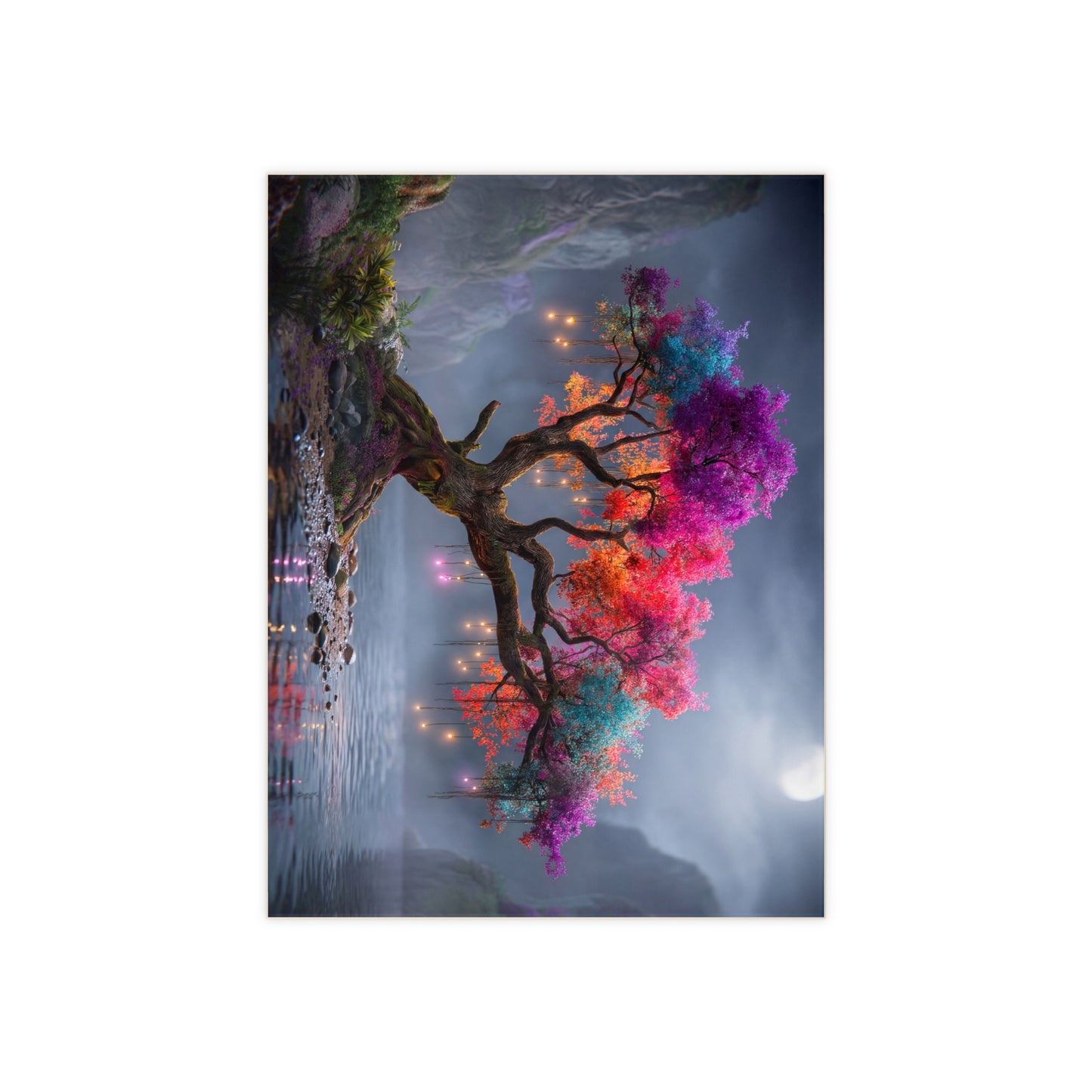Rainbow Grove Ceramic Photo Tile – Moonlit Tree of Whimsical Colors