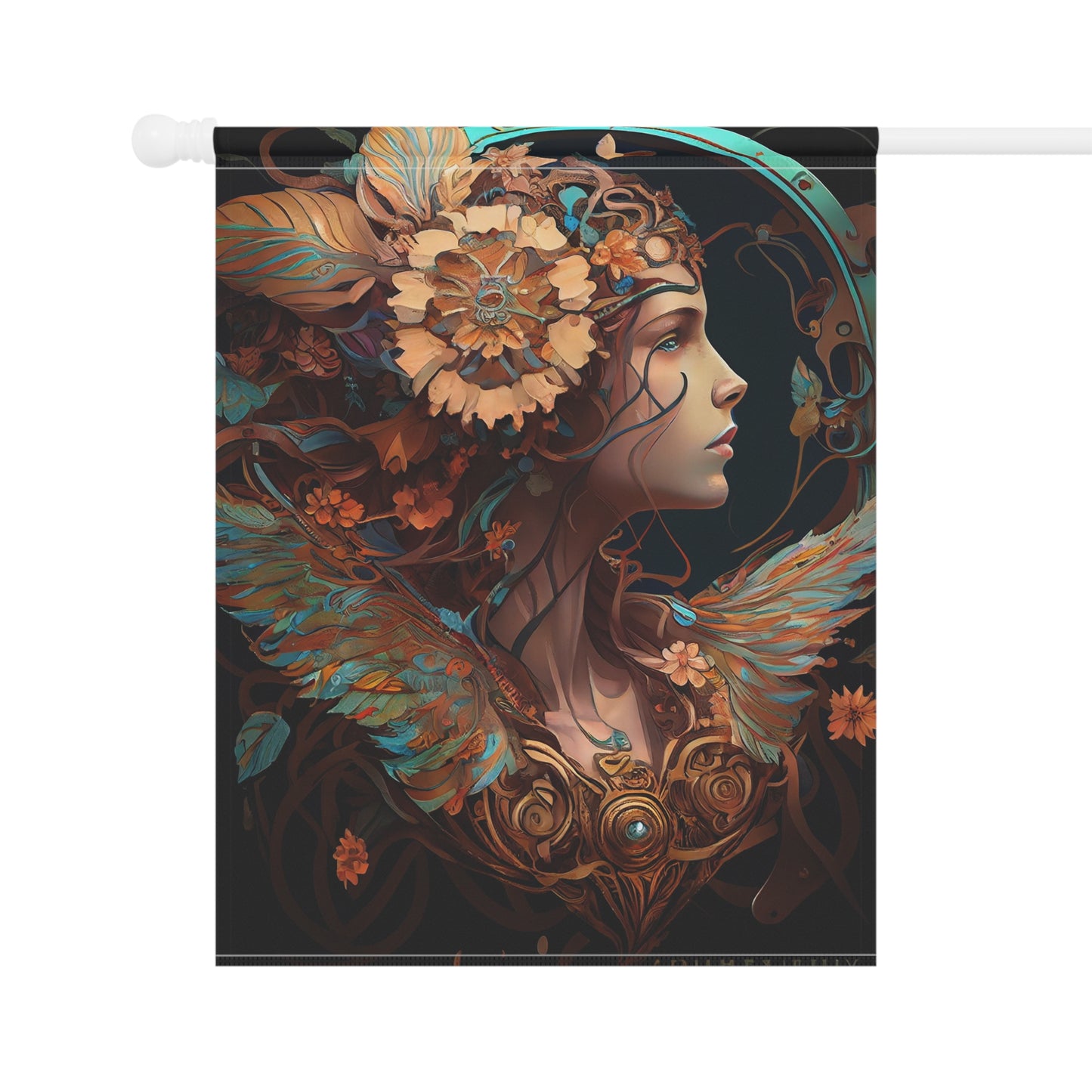 product design, psychedelic, dmt, self-transforming steampunk machine oracle elves, chrysanthemum, art nouveau, alphonse mucha - Garden & House Banner