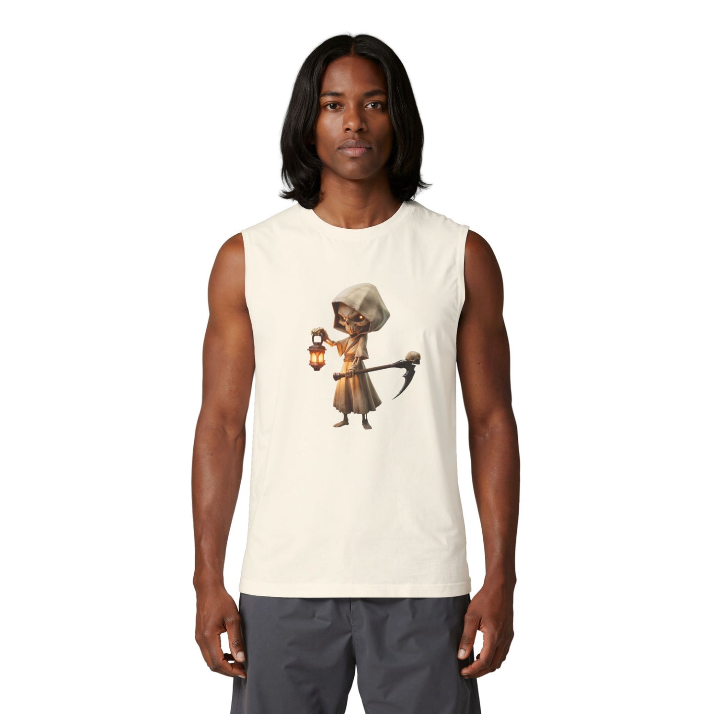 Lantern-Bearing Guardian Muscle Tank – Hooded Skeleton Sentinel Graphic