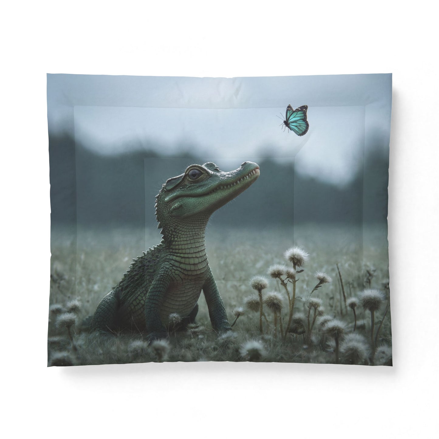 Crocodile Sentinel Cotton Comforter – Emerald Guardian Watching Butterfly