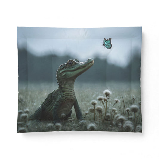 Crocodile Sentinel Cotton Comforter – Emerald Guardian Watching Butterfly