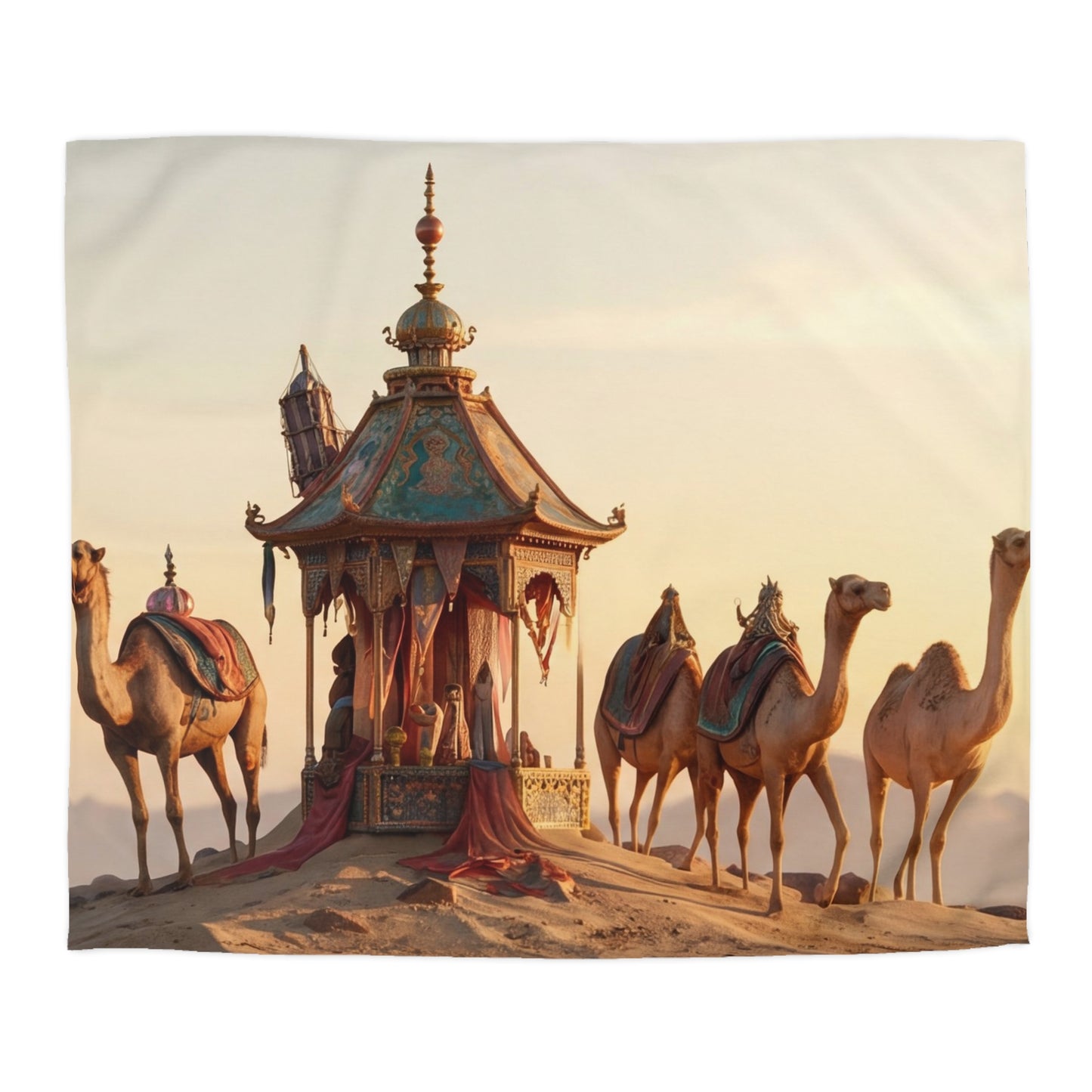 Desert Mirage Duvet Cover – Golden Dunes & Ornate Caravan