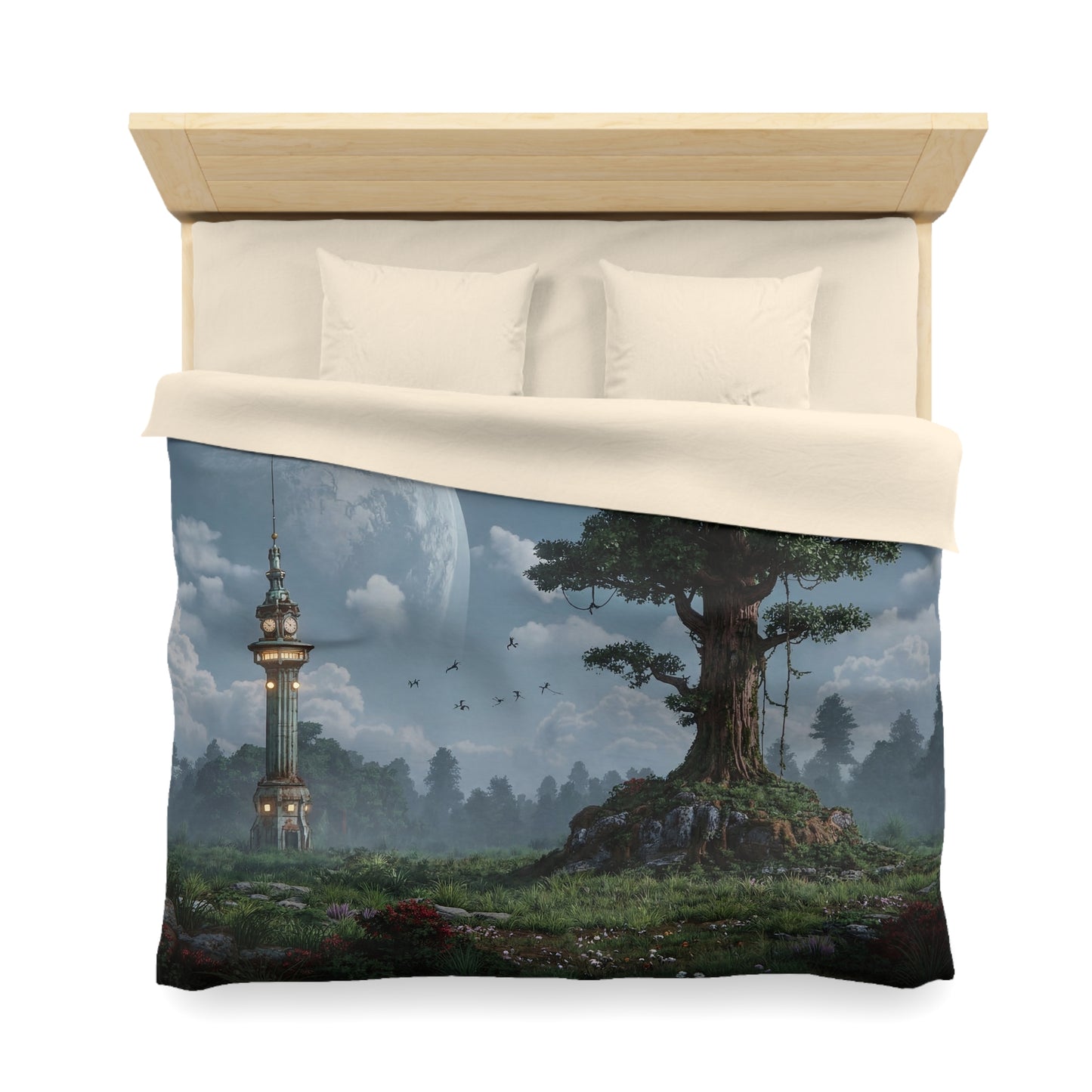 Moonlit Clocktower and Ancient Tree Duvet Cover – Whispers of Time Beneath the Celestial Dome