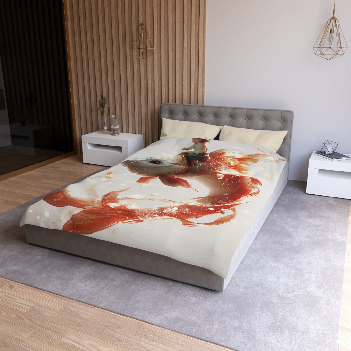 Child on Glowing Koi Microfiber Duvet Cover – Whimsical Dream Journey