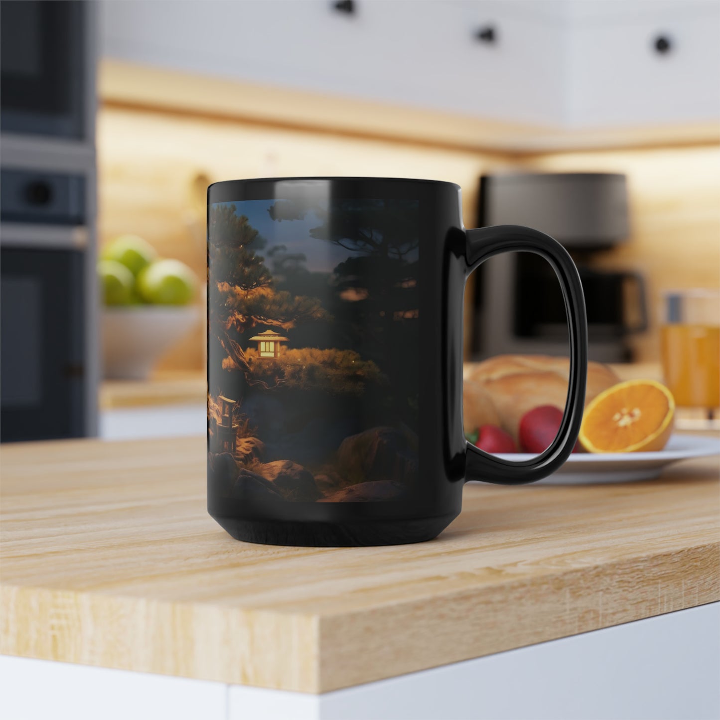 "An ancient bonsai pine tree adorned with paper lanterns, captured in the dim light of dusk, ultra-realistic, nature photography, Canon EOS R5." - Mug, Black